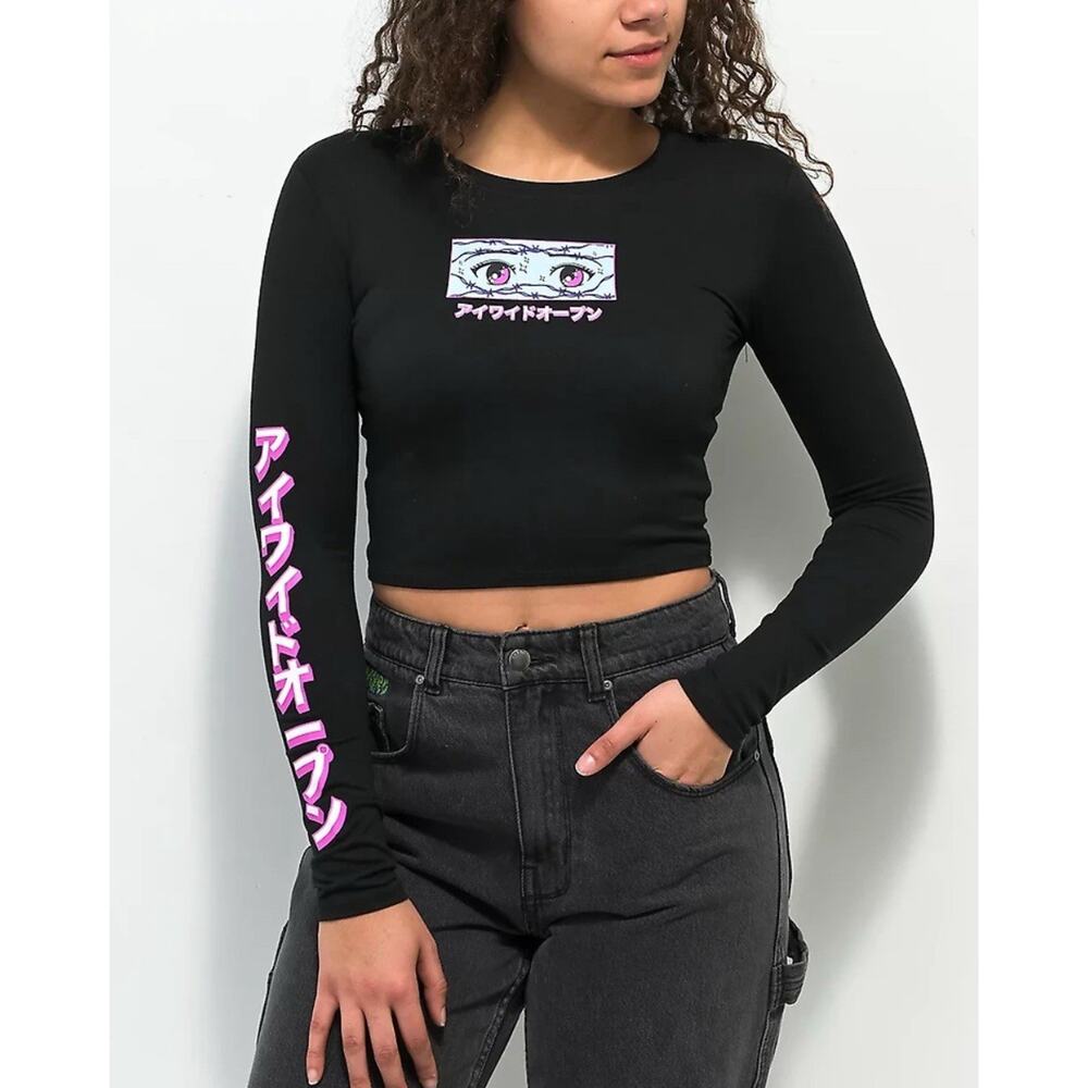 Alab Women’s Shirt Anime Lab Anime Eyes Crop Top Long Sleeve Black Size M